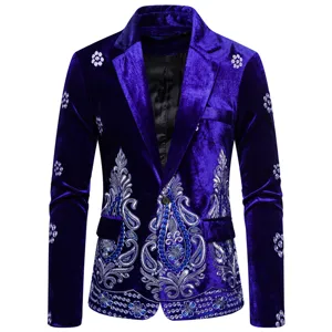 Men's Luxury Velvet Blazer Jacket Silver Wire Embroidery Single Button Suit Jacket For Party Banquet Wedding Slim Fit Formal Top