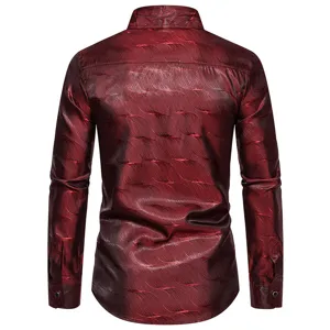 Camisa casual de manga larga con jacquard rojo oscuro para hombre, estilo club.
