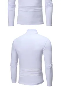 White mens long sleeve turtleneck slim fit t shirt detail view showing fabric and back design