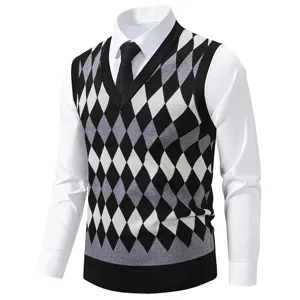 Men's argyle sweater vest V-neck casual knitwear pullover for autumn and winter fashion
