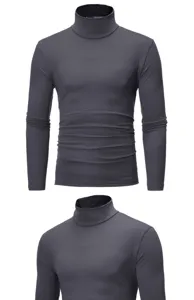 Close-up detail of men's slim fit solid color turtleneck long sleeve t-shirt fabric texture.