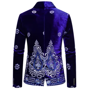 Men blue velvet blazer detail, luxury silver embroidery, formal party suit jacket back view.