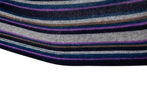 Striped knit fabric detail of men's short-sleeve t-shirt showing multi-color texture.