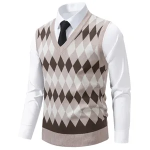 Men's classic argyle knit sweater vest V-neck casual layering autumn winter fashion apparel