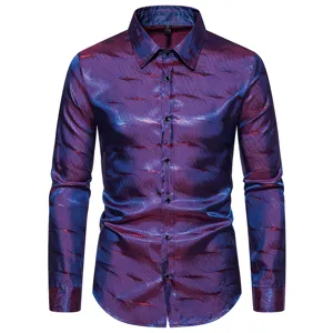 Camisa de hombre morada azul jacquard manga larga estilo casual elegante vista detalle