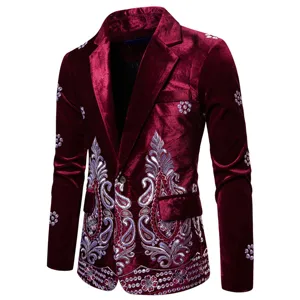 Men's Luxury Burgundy Velvet Blazer With Silver Embroidery For Party Evening Suit
