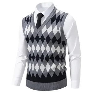 Men's argyle sweater vest classic V-neck knitwear layered with white shirt for autumn.