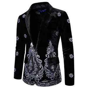 Men's black velvet suit jacket with silver embroidery, elegant evening party blazer.