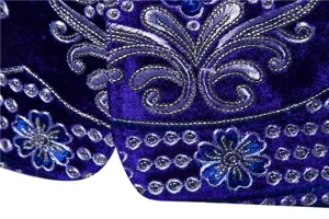 Detailed view of luxury men's royal blue velvet suit jacket with intricate silver embroidery.