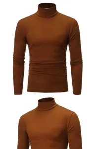 Close-up detail of the brown men's turtleneck long sleeve fabric texture and collar design.