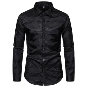 Camisa de hombre negra jacquard manga larga parte superior casual estilo club moda.