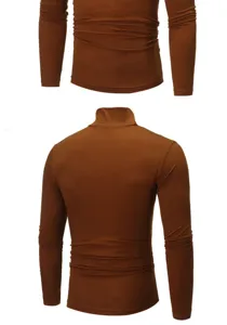 Men's brown solid color slim fit long sleeve turtleneck t shirt casual base layer top.