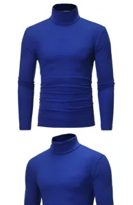 Men's solid color slim fit turtleneck long sleeve t-shirt, casual base layer apparel detail view.