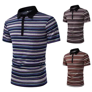 Men's summer short sleeve striped polo shirt casual slim fit turn down collar top main view.