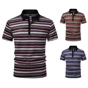 Men's summer casual short sleeve striped polo shirt fashion lapel breathable top tee