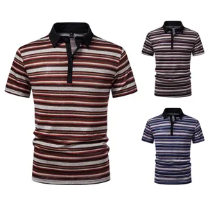 Men's stylish striped short sleeve polo shirt casual lapel summer top breathable daily wear