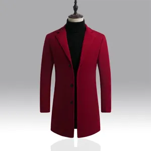 Manteau en laine rouge unie pour homme coupe slim veste d'hiver mi-longue variante