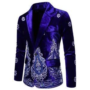 Men's royal blue velvet blazer featuring intricate silver embroidery and button front main view.