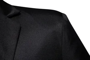 Dettaglio di spalla e rever di una giacca da abito nera da uomo, tessuto elegante.