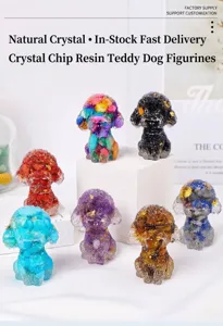 Macro view of colorful resin poodle figurines with natural crystal chips and gold foil