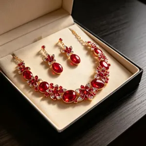 Elegant bridal jewelry set featuring red crystals and necklace in a black gift box.