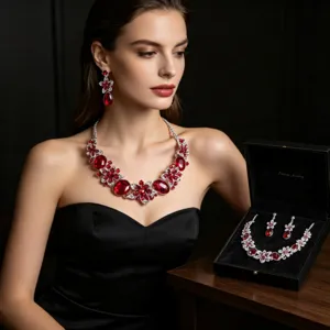 Detailed view of bridal red crystal jewelry set featuring floral necklace and drop earrings