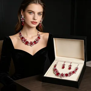 Detailed view of luxury bridal red crystal necklace and earring set in premium gift box