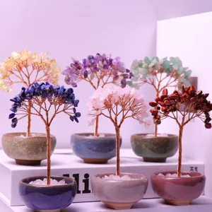 Handmade natural crystal money trees in various colors with ceramic pot bases