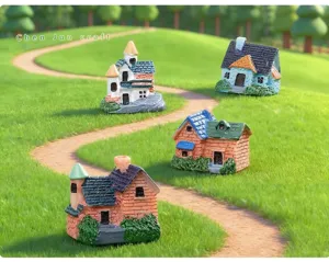Macro view of four colorful miniature cottages on artificial moss lawn for micro landscape.