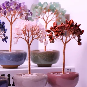 Macro detail of handmade natural crystal money trees with twisted copper wire branches