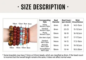 Detaillierte Größentabelle für Perlenarmbänder mit Durchmessern von 4 mm bis 18 mm.