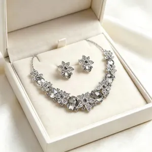 Elegant bridal crystal jewelry set featuring floral necklace and matching earrings in gift box.