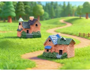 Detailed view of two miniature resin brick house models for micro landscape DIY projects.