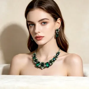 Detailed macro view of elegant green crystal jewelry set with floral necklace and earrings