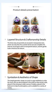 Detailed view of handmade resin orgonite pyramids with natural crystals for meditation