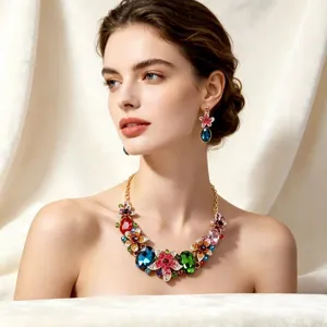Luxurious colorful crystal jewelry set with floral necklace and earrings for brides