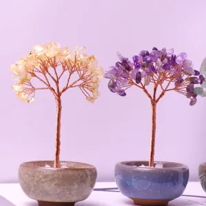 Pair of natural Citrine and Amethyst crystal money trees in decorative ceramic bowls