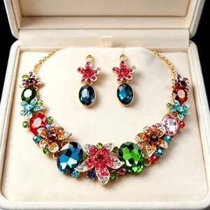 Luxurious colorful crystal bridal jewelry set including necklace and earrings in box