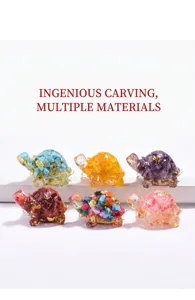 Set of diverse colorful resin turtle figurines embedded with natural crystal stones