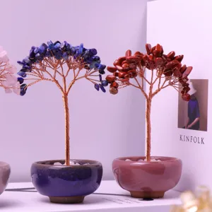 Handmade gemstone money tree with crystal stone leaves and ceramic pot base for desk