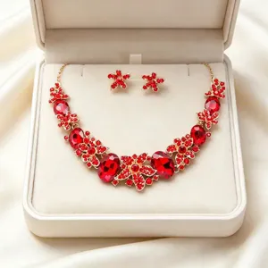 Elegant red crystal flower necklace and earring jewelry set for wedding bridal wear