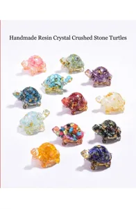 Handcrafted resin turtle figurines with colorful crystal chips and gold foil flakes
