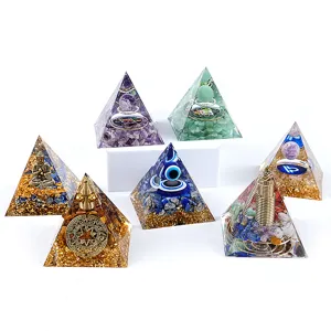 Handmade resin crystal pyramid ornaments with natural crushed stones and gold foil accents