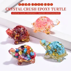 Natural Crystal Stone Resin Turtle Figurine With Gold Foil Accent Mini Animal Sculpture Desk Decoration Wealth Ornament Lucky Gift