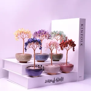 Handmade natural crystal money tree ornaments in miniature ceramic pots for desk