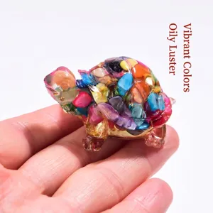 Colorful handmade resin turtle figurine with natural crystal stones for home office desk decor