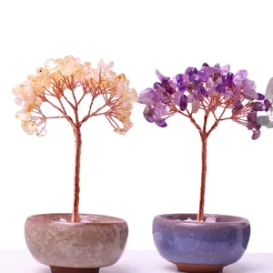 Handcrafted natural amethyst and citrine crystal money tree bonsai desktop ornament