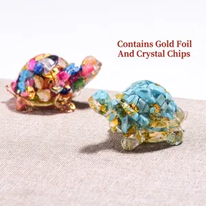 Crystal resin turtle figurine with gold foil and crushed stones for office desk decor