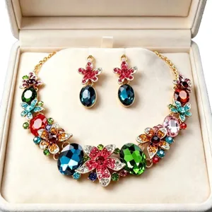 Elegant bridal jewelry set with multi-color crystal flowers and matching earrings.