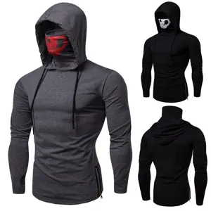 Men tactical ninja hoodie long sleeve t-shirt with skull face mask and side zipper details.
